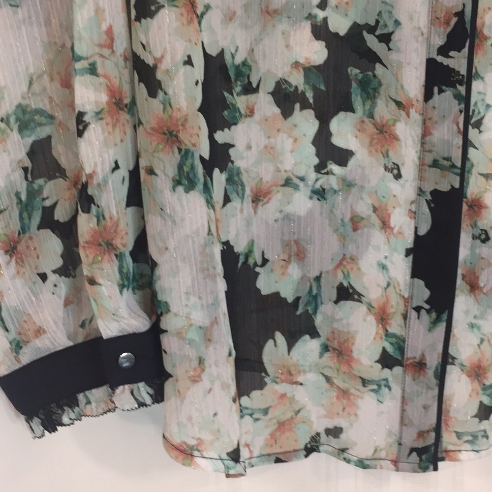 LIZ Claiborne 1X Sheer Blouse Floral PIT TO PIT 26"  corals, greens, Preworn - Picture 4 of 15